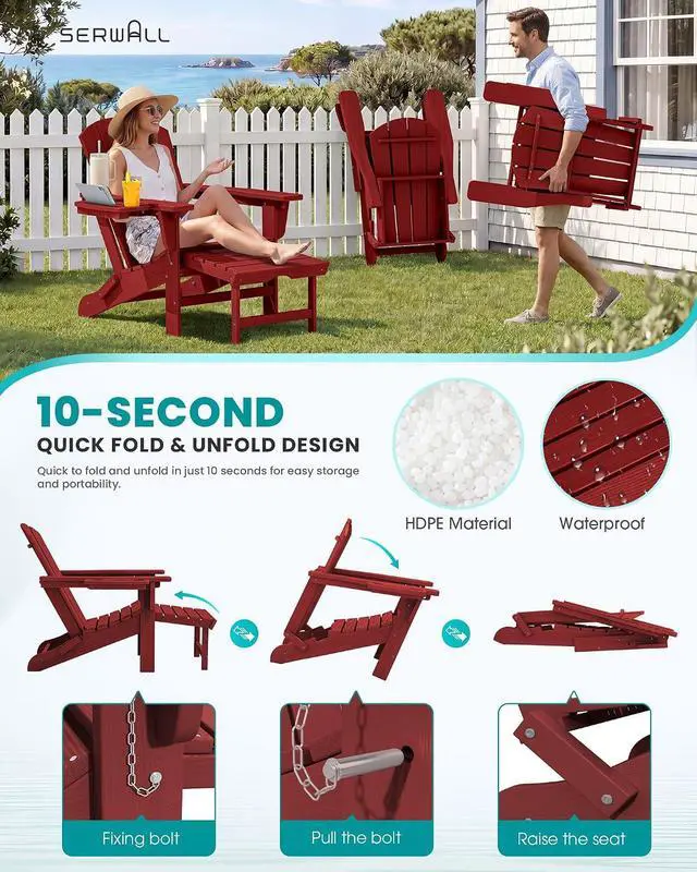 Alt view image 4 of 7 - Folding Adjustable Adirondack Chairs with Footrest Set of 4, HDPE Outdoor Chair with 4-in-1 Cup Holders, All Weather Adirondack Chair with Ottoman, Red