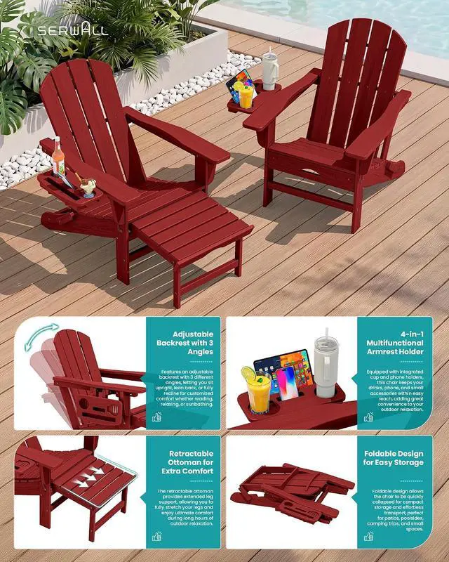 Alt view image 5 of 7 - Folding Adjustable Adirondack Chairs with Footrest Set of 4, HDPE Outdoor Chair with 4-in-1 Cup Holders, All Weather Adirondack Chair with Ottoman, Red