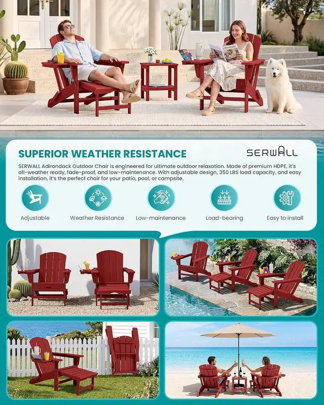 Alt view image 7 of 7 - Folding Adjustable Adirondack Chairs with Footrest Set of 4, HDPE Outdoor Chair with 4-in-1 Cup Holders, All Weather Adirondack Chair with Ottoman, Red