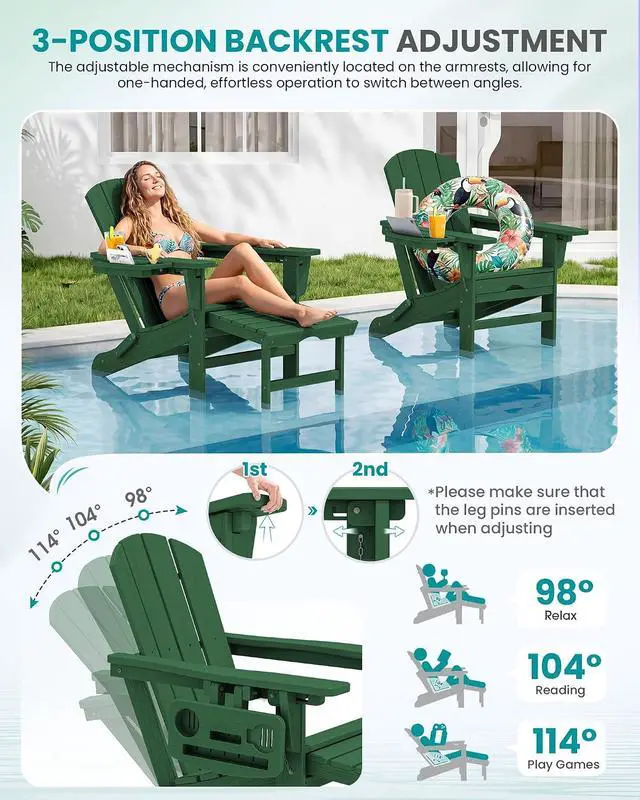 Alt view image 2 of 7 - Folding Adjustable Adirondack Chair with Footrest, HDPE Outdoor Chair with 4-in-1 Cup Holders, All Weather Adirondack Chair with Ottoman, Green