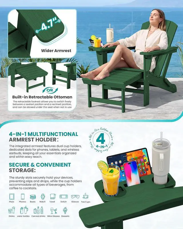Alt view image 3 of 7 - Folding Adjustable Adirondack Chair with Footrest, HDPE Outdoor Chair with 4-in-1 Cup Holders, All Weather Adirondack Chair with Ottoman, Green