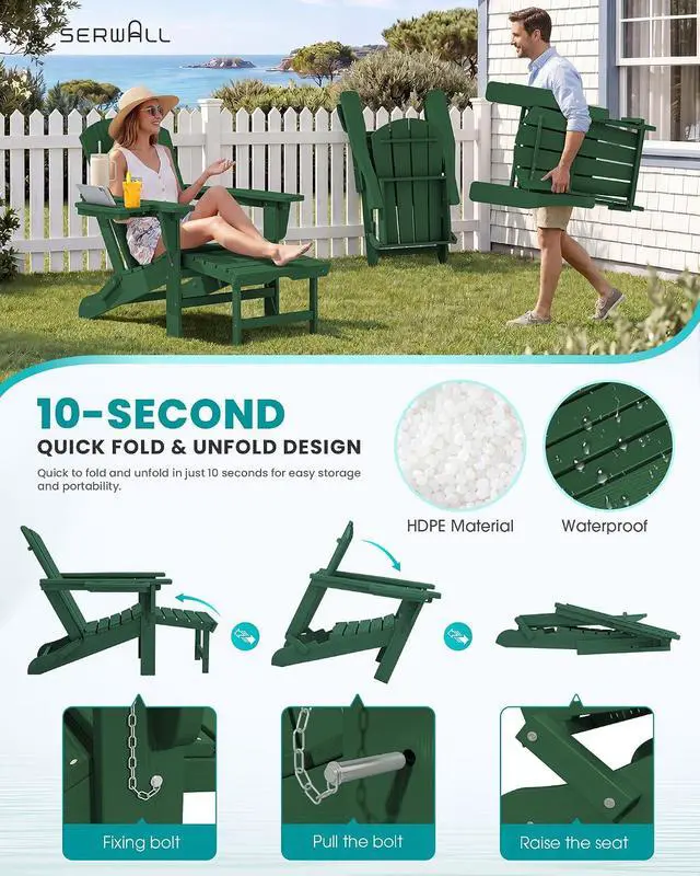 Alt view image 4 of 7 - Folding Adjustable Adirondack Chair with Footrest, HDPE Outdoor Chair with 4-in-1 Cup Holders, All Weather Adirondack Chair with Ottoman, Green