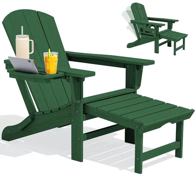 Main image of Folding Adjustable Adirondack Chair with Footrest, HDPE Outdoor Chair with 4-in-1 Cup Holders, All Weather Adirondack Chair with Ottoman, Green