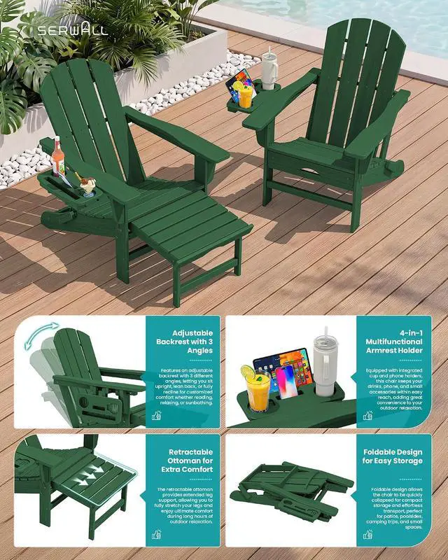 Alt view image 5 of 7 - Folding Adjustable Adirondack Chair with Footrest, HDPE Outdoor Chair with 4-in-1 Cup Holders, All Weather Adirondack Chair with Ottoman, Green
