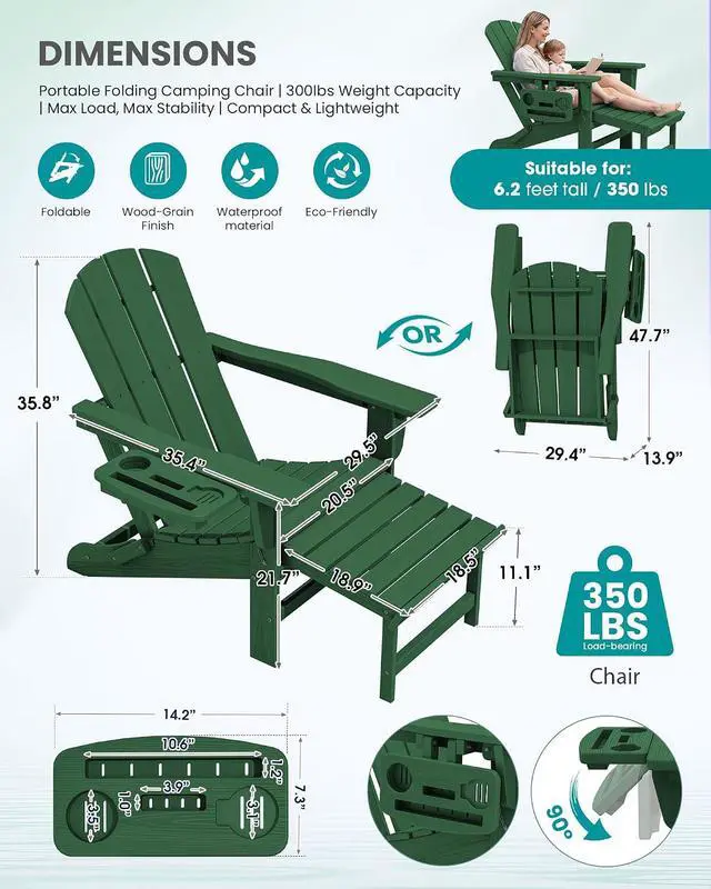 Alt view image 6 of 7 - Folding Adjustable Adirondack Chair with Footrest, HDPE Outdoor Chair with 4-in-1 Cup Holders, All Weather Adirondack Chair with Ottoman, Green