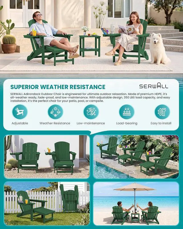 Alt view image 7 of 7 - Folding Adjustable Adirondack Chair with Footrest, HDPE Outdoor Chair with 4-in-1 Cup Holders, All Weather Adirondack Chair with Ottoman, Green