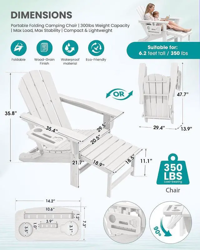Alt view image 2 of 7 - Folding Adjustable Adirondack Chairs with Footrest Set of 2, HDPE Outdoor Chair with 4-in-1 Cup Holders, All Weather Adirondack Chair with Ottoman, White