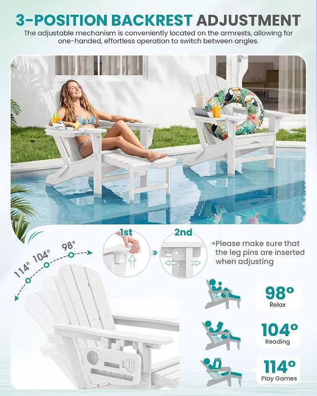Alt view image 3 of 7 - Folding Adjustable Adirondack Chairs with Footrest Set of 2, HDPE Outdoor Chair with 4-in-1 Cup Holders, All Weather Adirondack Chair with Ottoman, White