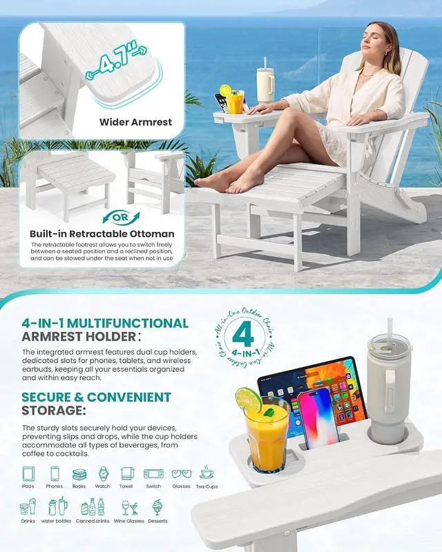 Alt view image 4 of 7 - Folding Adjustable Adirondack Chairs with Footrest Set of 2, HDPE Outdoor Chair with 4-in-1 Cup Holders, All Weather Adirondack Chair with Ottoman, White