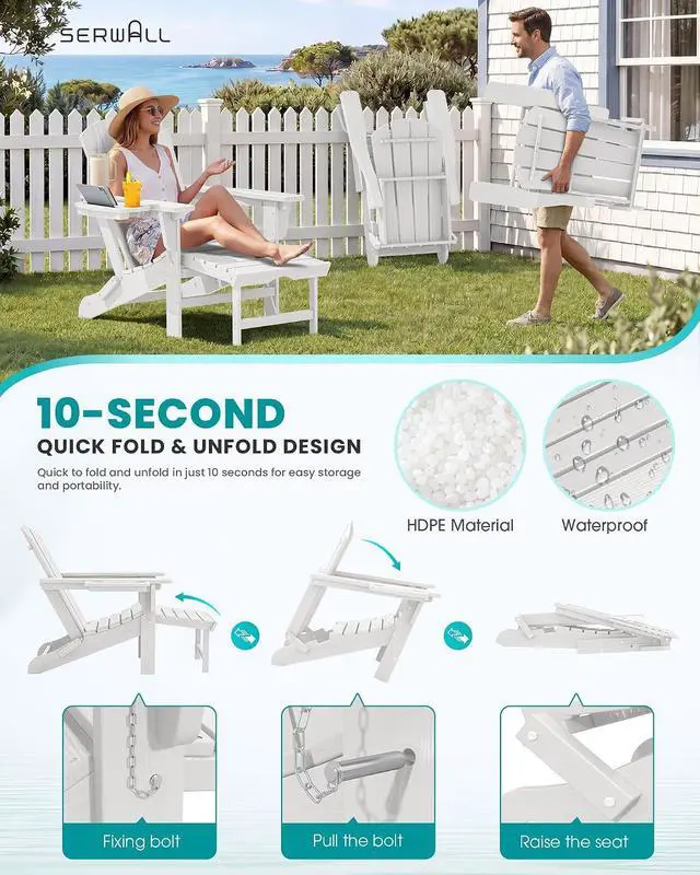 Alt view image 5 of 7 - Folding Adjustable Adirondack Chairs with Footrest Set of 2, HDPE Outdoor Chair with 4-in-1 Cup Holders, All Weather Adirondack Chair with Ottoman, White