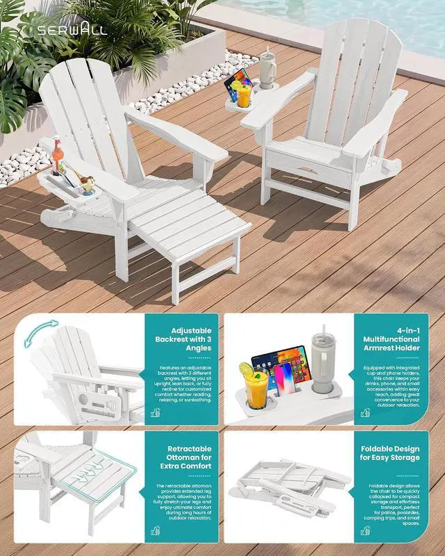 Alt view image 6 of 7 - Folding Adjustable Adirondack Chairs with Footrest Set of 2, HDPE Outdoor Chair with 4-in-1 Cup Holders, All Weather Adirondack Chair with Ottoman, White