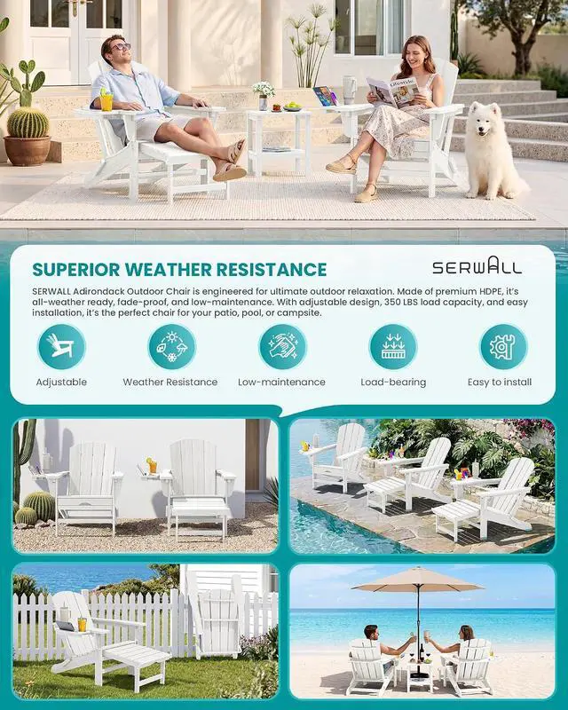 Alt view image 7 of 7 - Folding Adjustable Adirondack Chairs with Footrest Set of 2, HDPE Outdoor Chair with 4-in-1 Cup Holders, All Weather Adirondack Chair with Ottoman, White