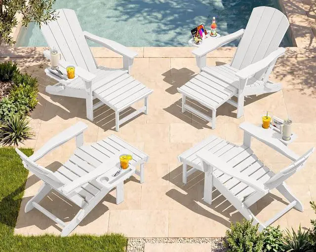Main image of Folding Adjustable Adirondack Chairs with Footrest Set of 4, HDPE Outdoor Chair with 4-in-1 Cup Holders, All Weather Adirondack Chair with Ottoman, White
