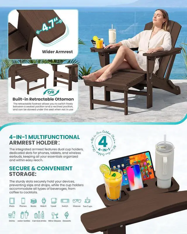 Alt view image 3 of 7 - Folding Adjustable Adirondack Chairs with Footrest Set of 2, HDPE Outdoor Chair with 4-in-1 Cup Holders, All Weather Adirondack Chair with Ottoman, Coffee