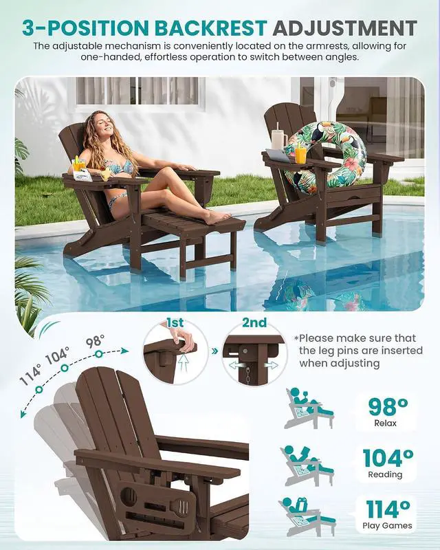 Alt view image 2 of 7 - Folding Adjustable Adirondack Chairs with Footrest Set of 2, HDPE Outdoor Chair with 4-in-1 Cup Holders, All Weather Adirondack Chair with Ottoman, Coffee