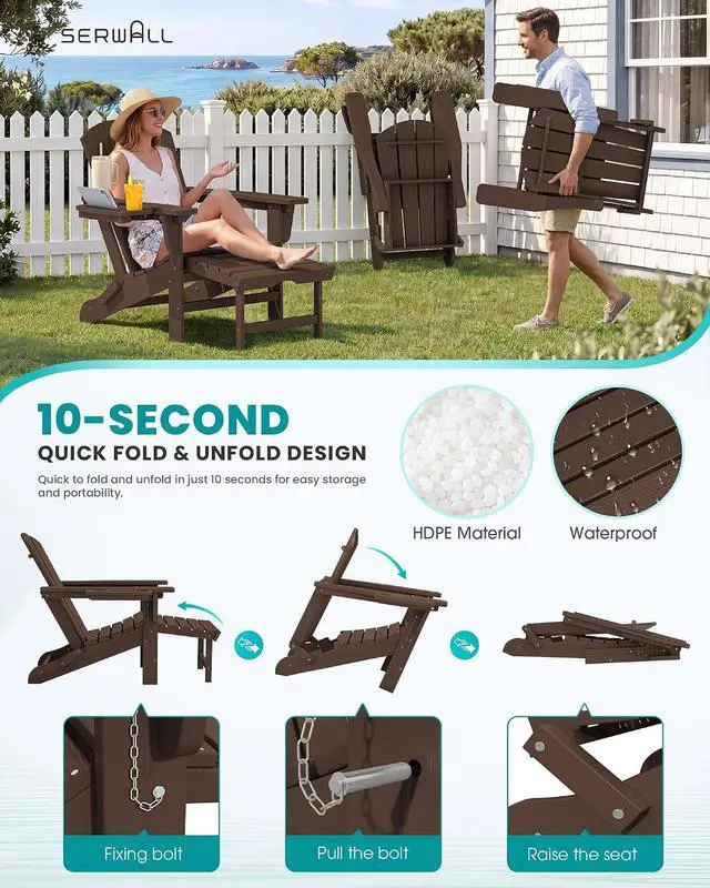Alt view image 4 of 7 - Folding Adjustable Adirondack Chairs with Footrest Set of 2, HDPE Outdoor Chair with 4-in-1 Cup Holders, All Weather Adirondack Chair with Ottoman, Coffee