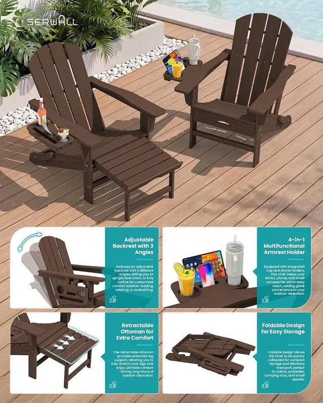 Alt view image 5 of 7 - Folding Adjustable Adirondack Chairs with Footrest Set of 2, HDPE Outdoor Chair with 4-in-1 Cup Holders, All Weather Adirondack Chair with Ottoman, Coffee