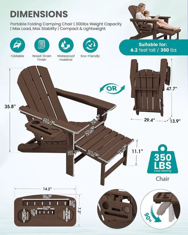 Alt view image 6 of 7 - Folding Adjustable Adirondack Chairs with Footrest Set of 2, HDPE Outdoor Chair with 4-in-1 Cup Holders, All Weather Adirondack Chair with Ottoman, Coffee