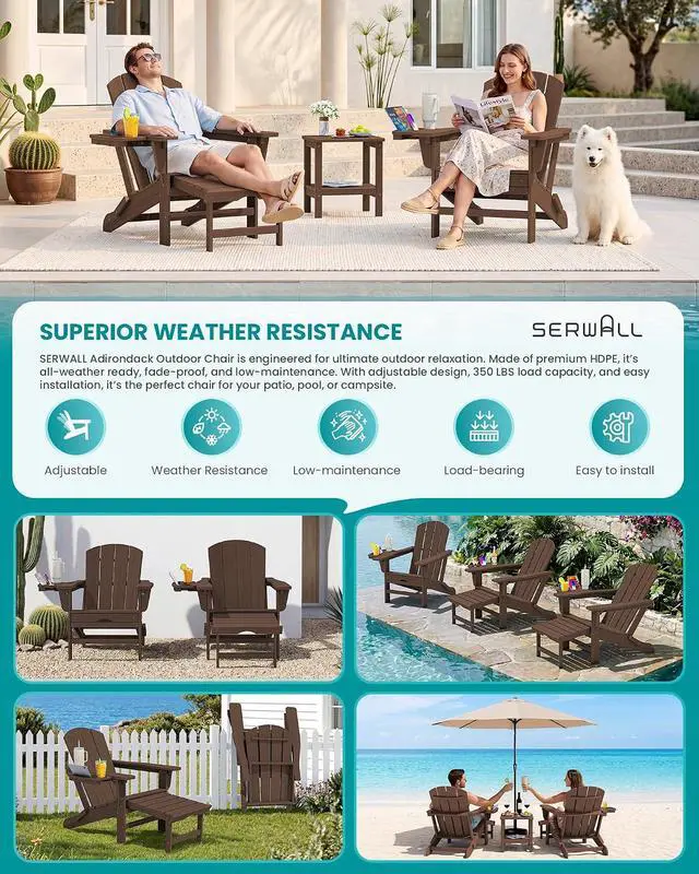 Alt view image 7 of 7 - Folding Adjustable Adirondack Chairs with Footrest Set of 2, HDPE Outdoor Chair with 4-in-1 Cup Holders, All Weather Adirondack Chair with Ottoman, Coffee