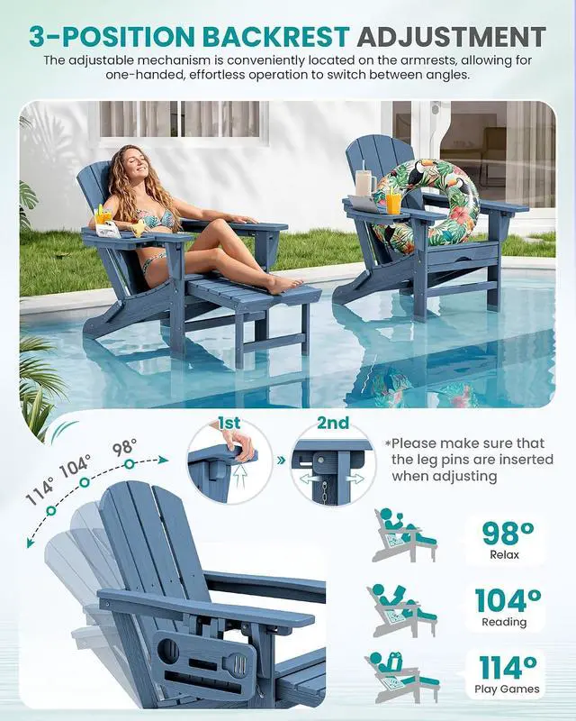 Alt view image 2 of 7 - Folding Adjustable Adirondack Chairs with Footrest Set of 4, HDPE Outdoor Chair with 4-in-1 Cup Holders, All Weather Adirondack Chair with Ottoman, Blue