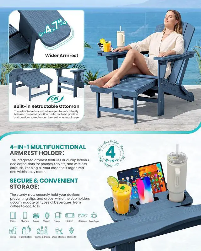 Alt view image 3 of 7 - Folding Adjustable Adirondack Chairs with Footrest Set of 4, HDPE Outdoor Chair with 4-in-1 Cup Holders, All Weather Adirondack Chair with Ottoman, Blue
