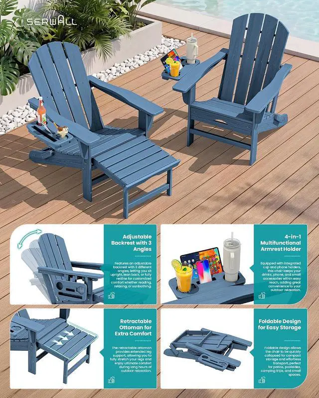 Alt view image 4 of 7 - Folding Adjustable Adirondack Chairs with Footrest Set of 4, HDPE Outdoor Chair with 4-in-1 Cup Holders, All Weather Adirondack Chair with Ottoman, Blue