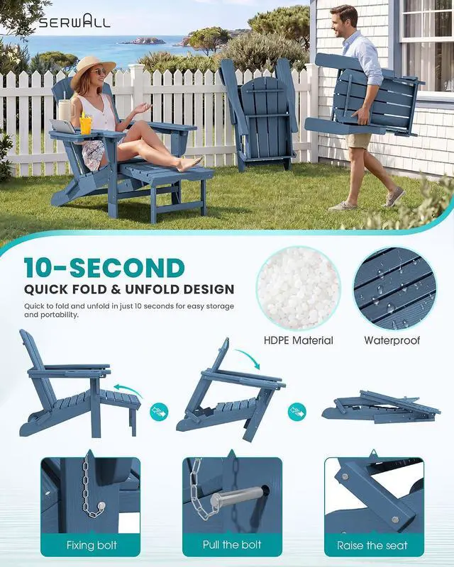 Alt view image 5 of 7 - Folding Adjustable Adirondack Chairs with Footrest Set of 4, HDPE Outdoor Chair with 4-in-1 Cup Holders, All Weather Adirondack Chair with Ottoman, Blue
