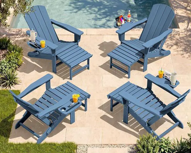 Main image of Folding Adjustable Adirondack Chairs with Footrest Set of 4, HDPE Outdoor Chair with 4-in-1 Cup Holders, All Weather Adirondack Chair with Ottoman, Blue
