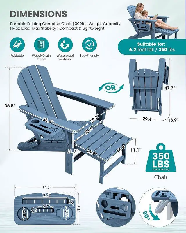 Alt view image 6 of 7 - Folding Adjustable Adirondack Chairs with Footrest Set of 4, HDPE Outdoor Chair with 4-in-1 Cup Holders, All Weather Adirondack Chair with Ottoman, Blue
