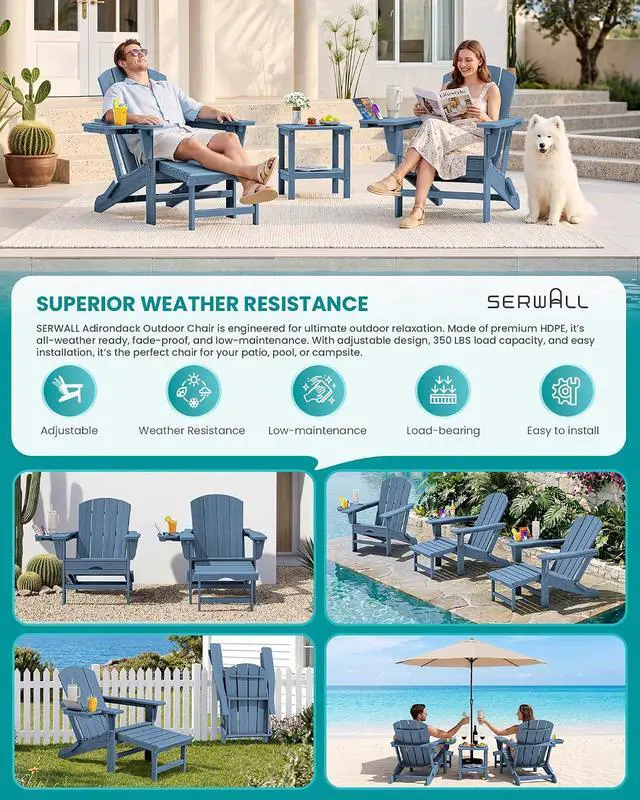 Alt view image 7 of 7 - Folding Adjustable Adirondack Chairs with Footrest Set of 4, HDPE Outdoor Chair with 4-in-1 Cup Holders, All Weather Adirondack Chair with Ottoman, Blue