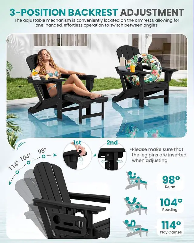 Alt view image 2 of 7 - Folding Adjustable Adirondack Chairs with Footrest Set of 2, HDPE Outdoor Chair with 4-in-1 Cup Holders, All Weather Adirondack Chair with Ottoman, Black