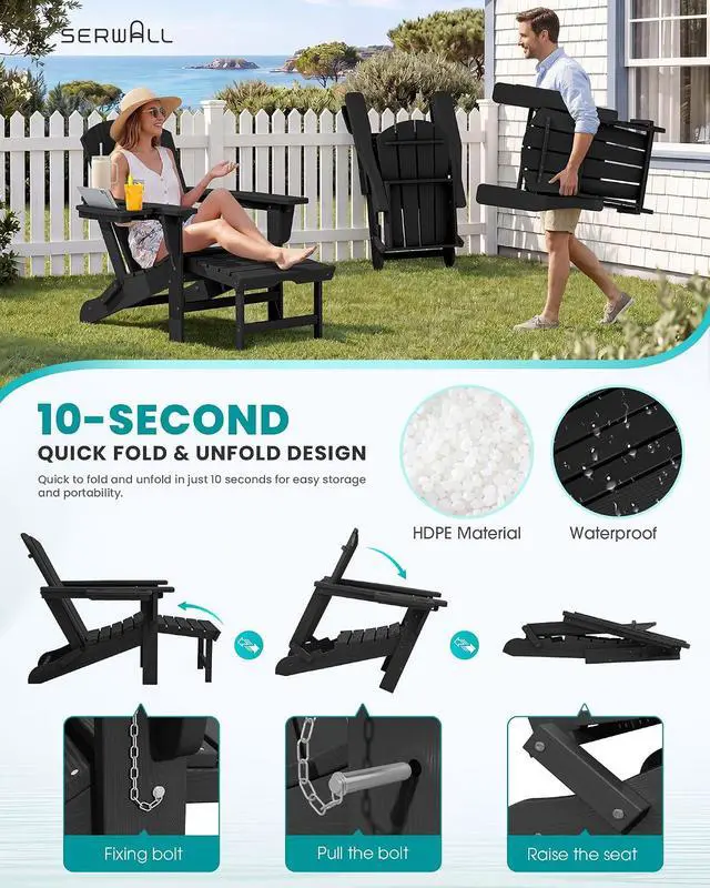 Alt view image 4 of 7 - Folding Adjustable Adirondack Chairs with Footrest Set of 2, HDPE Outdoor Chair with 4-in-1 Cup Holders, All Weather Adirondack Chair with Ottoman, Black