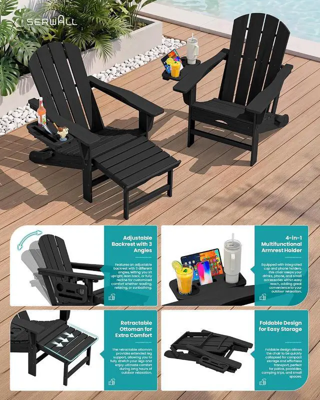 Alt view image 5 of 7 - Folding Adjustable Adirondack Chairs with Footrest Set of 2, HDPE Outdoor Chair with 4-in-1 Cup Holders, All Weather Adirondack Chair with Ottoman, Black