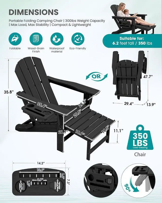 Alt view image 6 of 7 - Folding Adjustable Adirondack Chairs with Footrest Set of 2, HDPE Outdoor Chair with 4-in-1 Cup Holders, All Weather Adirondack Chair with Ottoman, Black