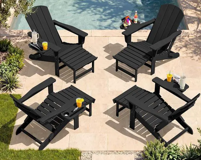 Main image of Folding Adjustable Adirondack Chairs with Footrest Set of 4, HDPE Outdoor Chair with 4-in-1 Cup Holders, All Weather Adirondack Chair with Ottoman, Black