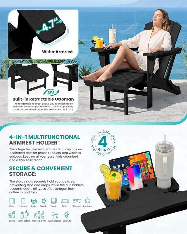 Alt view image 3 of 7 - Folding Adjustable Adirondack Chairs with Footrest Set of 2, HDPE Outdoor Chair with 4-in-1 Cup Holders, All Weather Adirondack Chair with Ottoman, Black