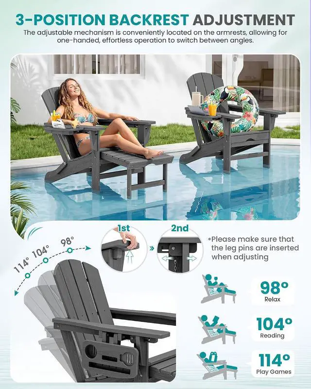 Alt view image 2 of 7 - Folding Adjustable Adirondack Chairs with Footrest Set of 2, HDPE Outdoor Chair with 4-in-1 Cup Holders, All Weather Adirondack Chair with Ottoman, Gray