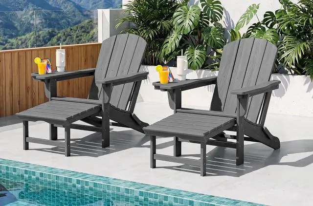 Main image of Folding Adjustable Adirondack Chairs with Footrest Set of 2, HDPE Outdoor Chair with 4-in-1 Cup Holders, All Weather Adirondack Chair with Ottoman, Gray