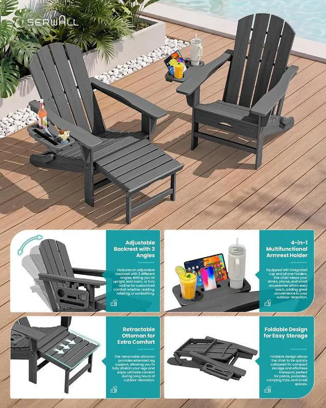Alt view image 4 of 7 - Folding Adjustable Adirondack Chairs with Footrest Set of 2, HDPE Outdoor Chair with 4-in-1 Cup Holders, All Weather Adirondack Chair with Ottoman, Gray