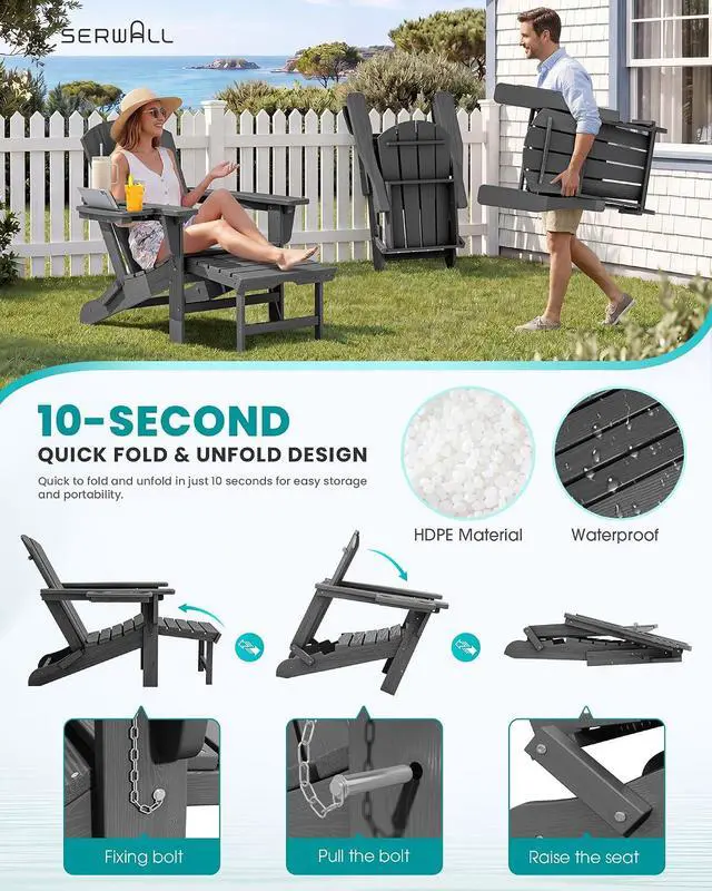 Alt view image 3 of 7 - Folding Adjustable Adirondack Chairs with Footrest Set of 2, HDPE Outdoor Chair with 4-in-1 Cup Holders, All Weather Adirondack Chair with Ottoman, Gray