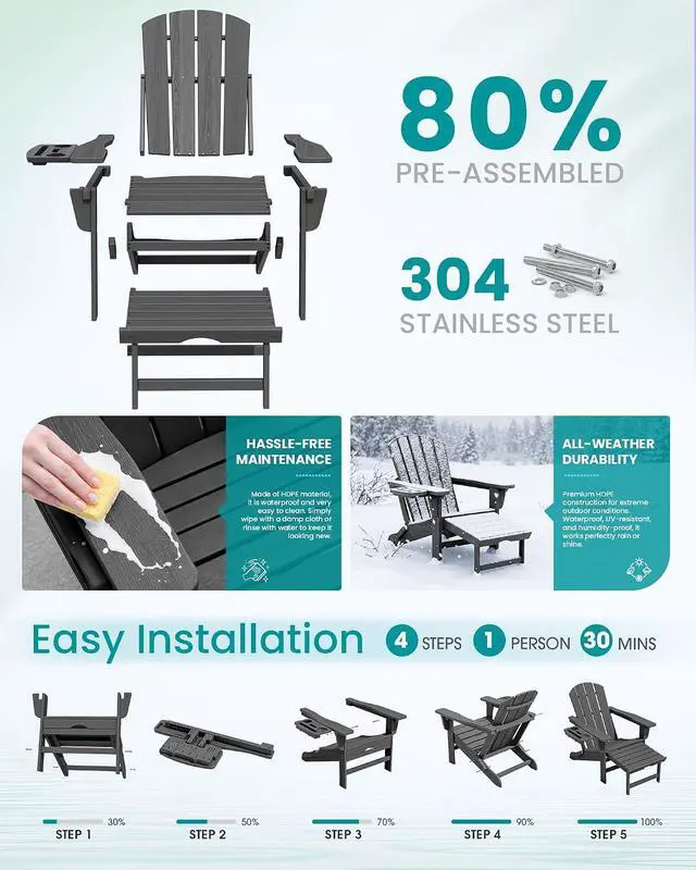 Alt view image 7 of 7 - Folding Adjustable Adirondack Chairs with Footrest Set of 2, HDPE Outdoor Chair with 4-in-1 Cup Holders, All Weather Adirondack Chair with Ottoman, Gray