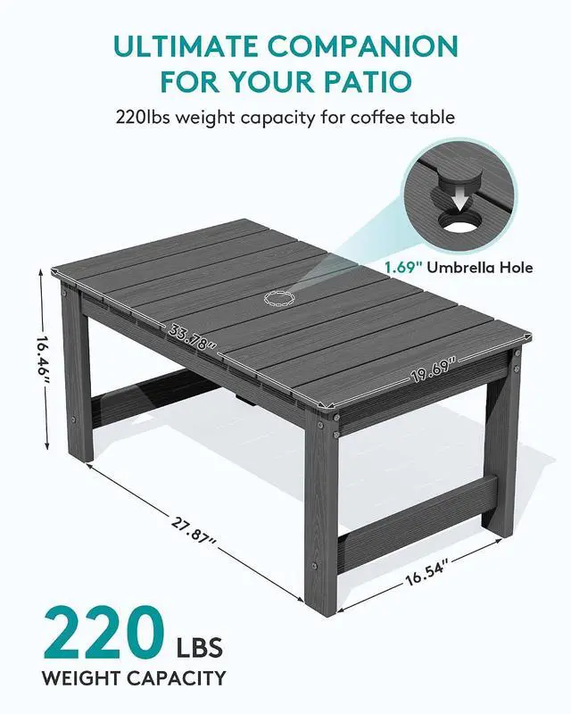 Alt view image 3 of 7 - Outdoor Coffee Table with 1.69" Umbrella Hole, HDPE Patio Coffee Table for Outside, Rectangle, Gray