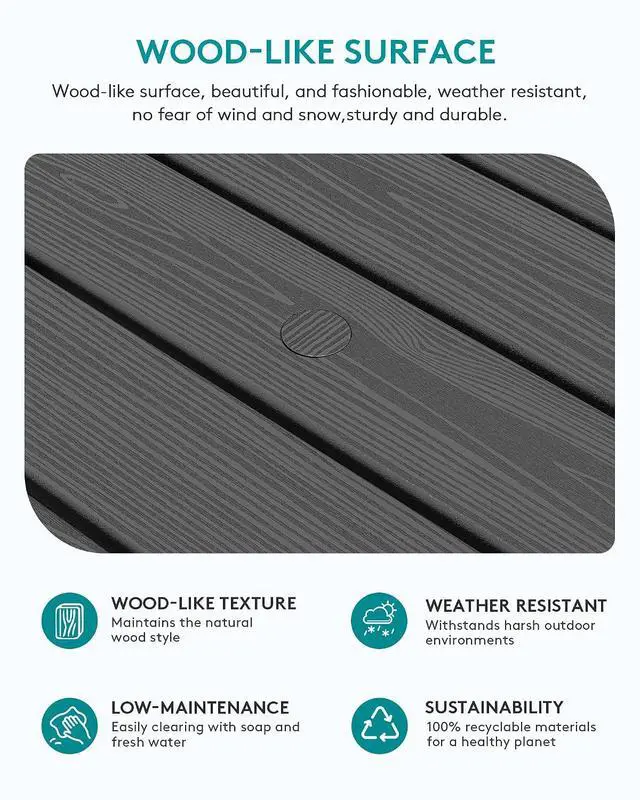 Alt view image 4 of 7 - Outdoor Coffee Table with 1.69" Umbrella Hole, HDPE Patio Coffee Table for Outside, Rectangle, Gray
