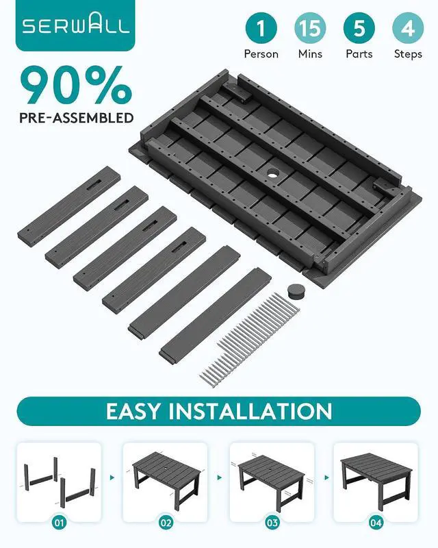 Alt view image 7 of 7 - Outdoor Coffee Table with 1.69" Umbrella Hole, HDPE Patio Coffee Table for Outside, Rectangle, Gray