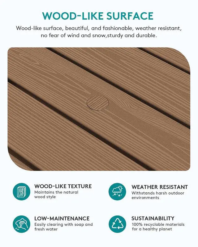 Alt view image 4 of 7 - Outdoor Coffee Table with 1.69" Umbrella Hole, HDPE Patio Coffee Table for Outside, Rectangle, Brown