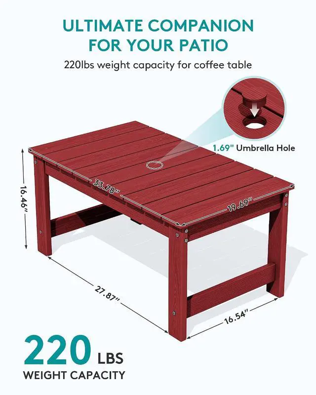 Alt view image 3 of 7 - Outdoor Coffee Table with 9FT Umbrella, HDPE Patio Coffee Table for Outside, Rectangle, Red(Not Include Umbrella Base)