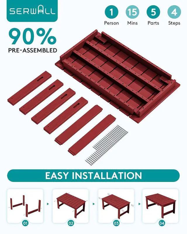 Alt view image 5 of 7 - Outdoor Coffee Table with 9FT Umbrella, HDPE Patio Coffee Table for Outside, Rectangle, Red(Not Include Umbrella Base)