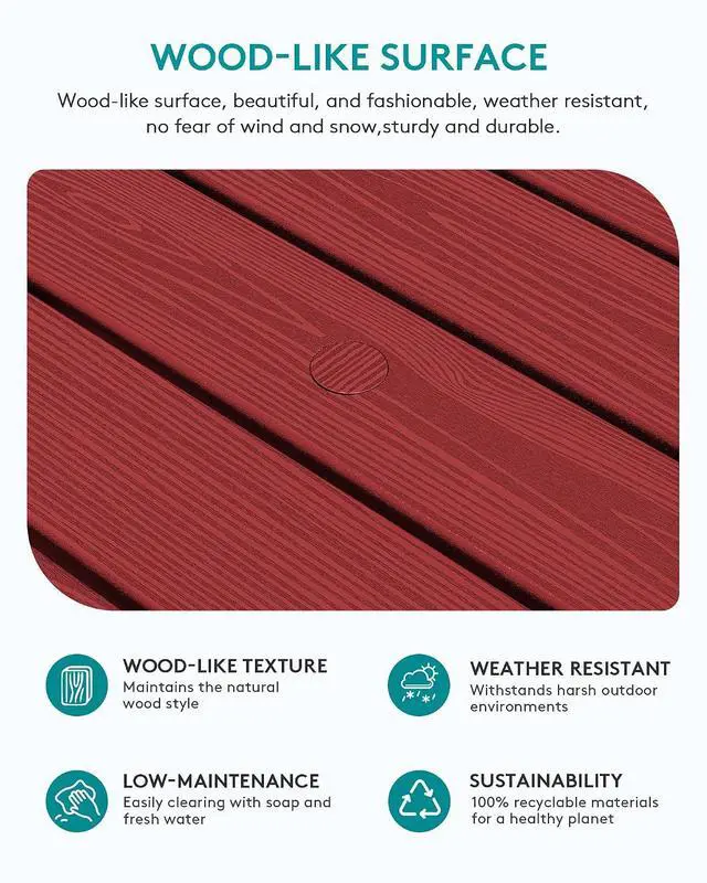 Alt view image 4 of 7 - Outdoor Coffee Table with 9FT Umbrella, HDPE Patio Coffee Table for Outside, Rectangle, Red(Not Include Umbrella Base)