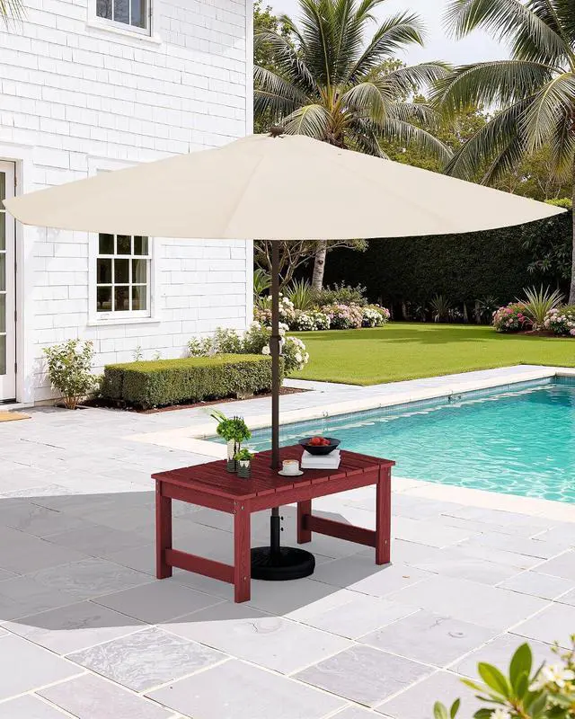 Alt view image 2 of 7 - Outdoor Coffee Table with 9FT Umbrella, HDPE Patio Coffee Table for Outside, Rectangle, Red(Not Include Umbrella Base)
