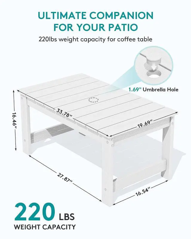 Alt view image 3 of 7 - Outdoor Coffee Table with 1.69" Umbrella Hole, HDPE Patio Coffee Table for Outside, Rectangle, White
